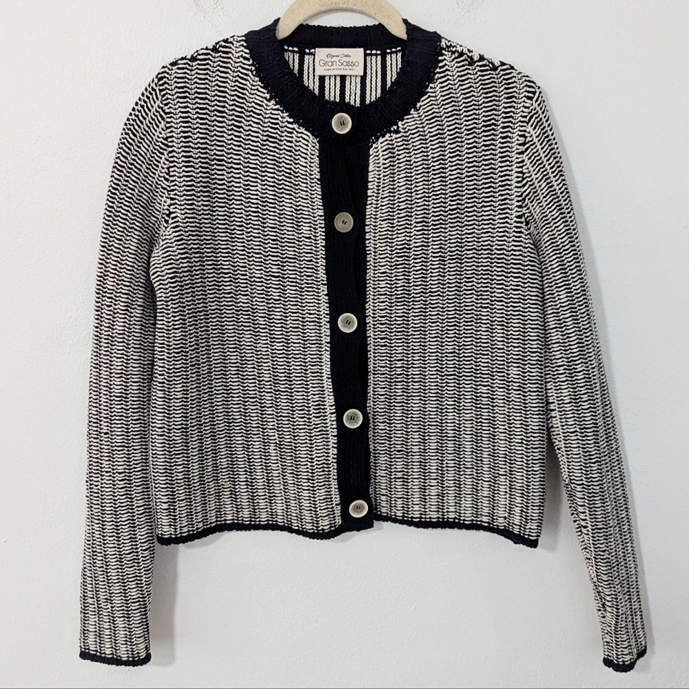 Gran Sasso Organic Cotton Button Front Cardigan Open Knit Blue White Medium M